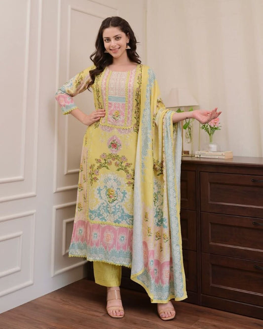 Floral printed Yellow round_neck silk Kurta With Trouser & Dupatta Set