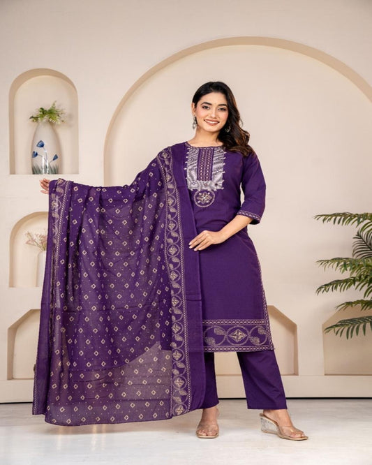 Floral embroidered blue round_neck Kurta set With trouser and dupatta