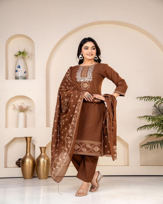 Floral embroidered brown round_neck Kurta set With trouser and dupatta