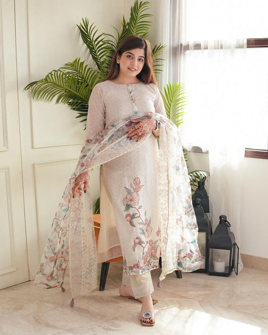 Floral embroidered beige round_neck Kurta set With trouser and dupatta