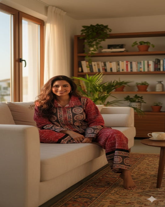 Floral printed red round_neck Kurta set With trouser