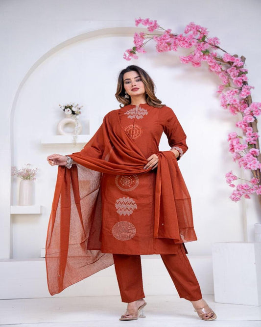 Floral printed rust round_neck Pure Cotton Kurta Set With Trouser & Dupatta