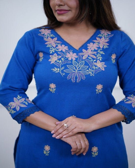 Floral embroidered blue v_neck Pure Cotton Kurta Set With Trouser
