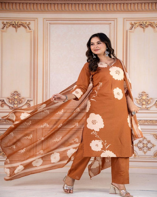 Floral embroidered brown round_neck Kurta set With trouser and dupatta