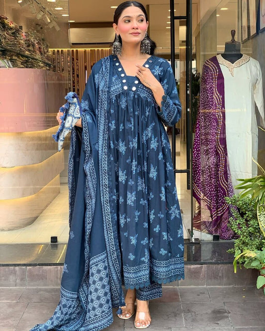 Floral embroidered blue v_neck cotton Kurta With Trouser & Dupatta Set