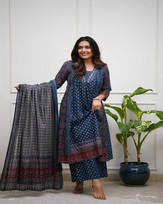 Floral embroidered blue v_neck cotton Kurta With Trouser & Dupatta Set