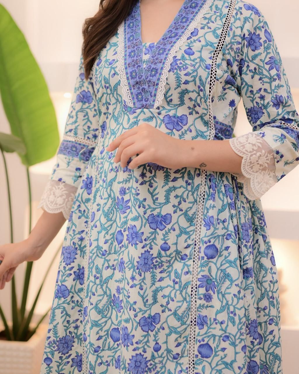 Floral embroidered blue V-Neck Pure Cotton Kurta Set With Trouser & Dupatta