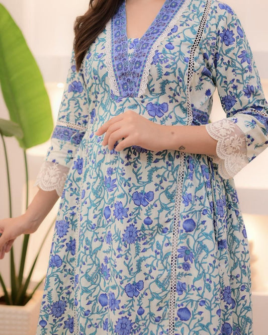 Floral embroidered blue V-Neck Pure Cotton Kurta Set With Trouser & Dupatta