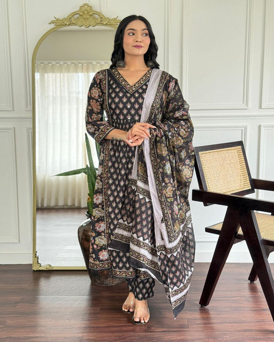 Floral embroidered black V-Neck Pure Cotton Kurta Set With Trouser & Dupatta