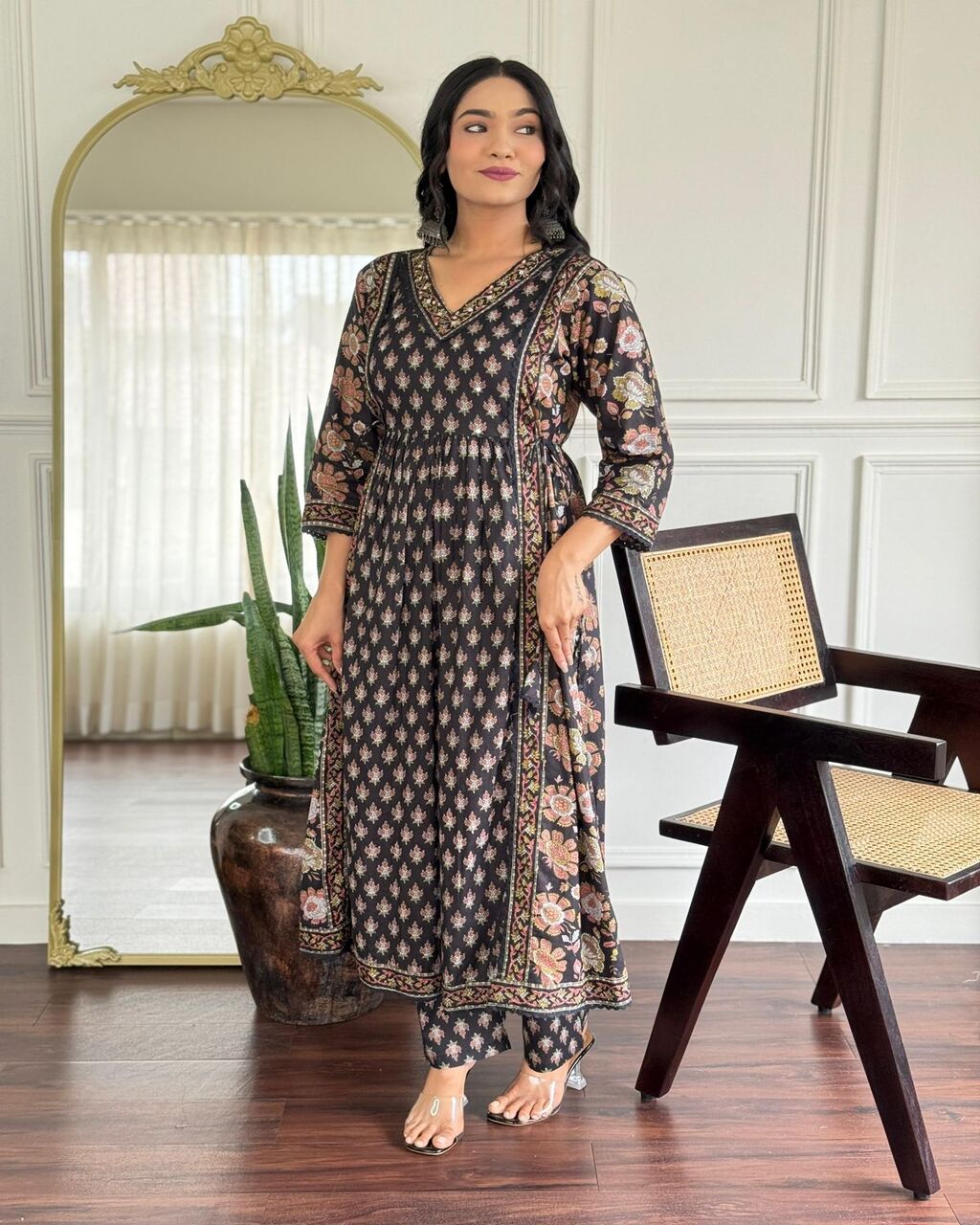 Floral embroidered black V-Neck Pure Cotton Kurta Set With Trouser & Dupatta