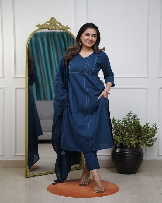 Floral embroidered blue v_neck cotton Kurta set With Trouser & Dupatta