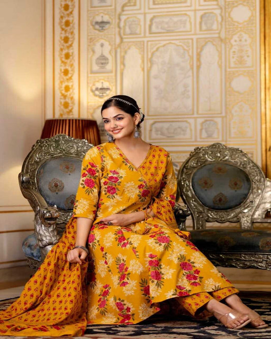 Floral printed yellow v_neck cotton Kurta set With Trouser & Dupatta