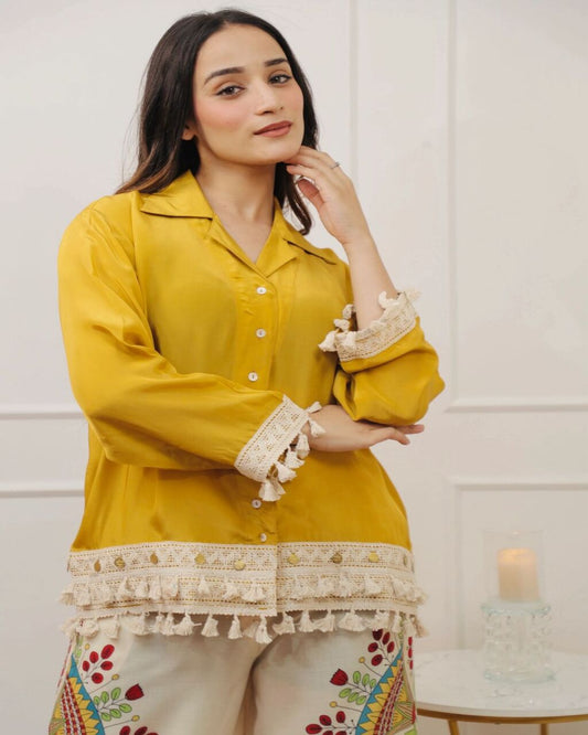 Floral printed yellow round_neck cotton Co-Ord Set
