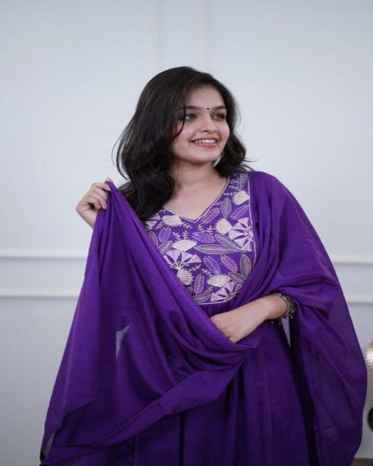 Floral embroidered blue v_neck cotton Kurta With Trouser & Dupatta Set