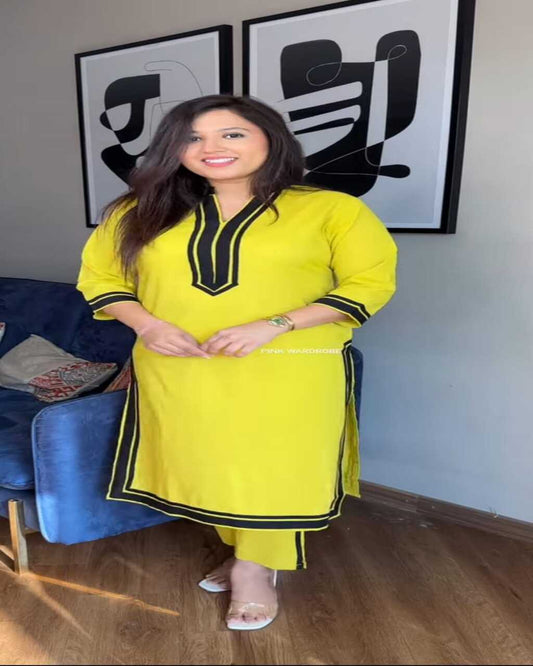 Floral printed yellow round_neck cotton Kurta & Trouser