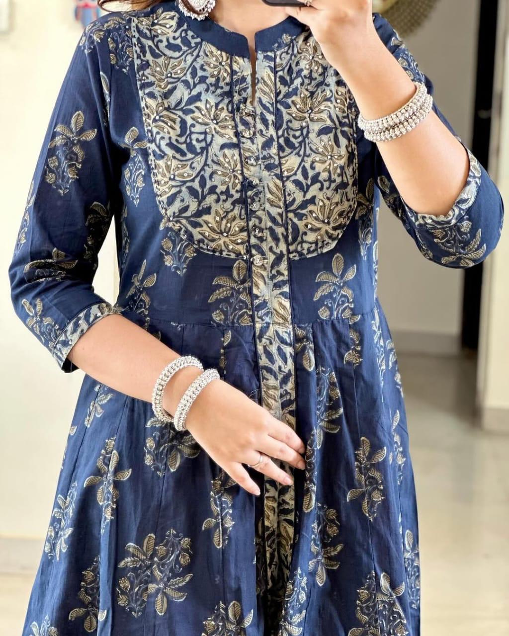 Floral embroidered blue round_neck cotton Kurta With Trouser & Dupatta Set