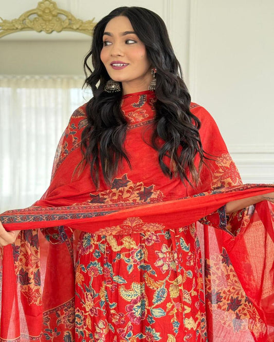 Floral printed red V-Neck Pure Cotton Kurta Set With Trouser & Dupatta