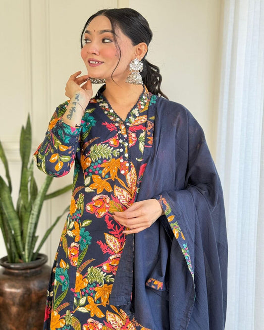 Floral embroidered blue V-Neck Pure Cotton Kurta Set With Trouser & Dupatta