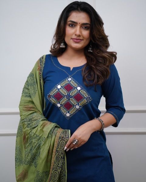 Floral embroidered blue round-Neck Kurta set With Trouser & Dupatta