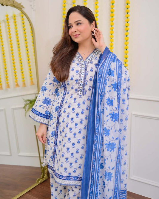 Floral embroidered blue v_neck cotton Kurta set With Trouser & Dupatta