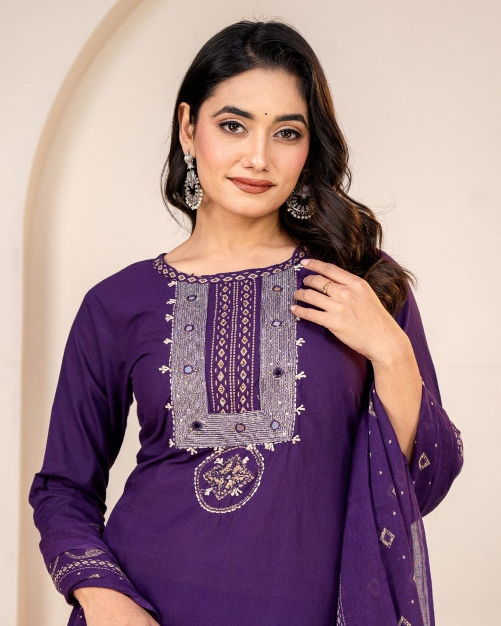 Floral embroidered blue round_neck Kurta set With trouser and dupatta