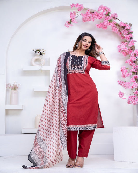 Floral printed red round_neck Pure Cotton Kurta Set With Trouser & Dupatta