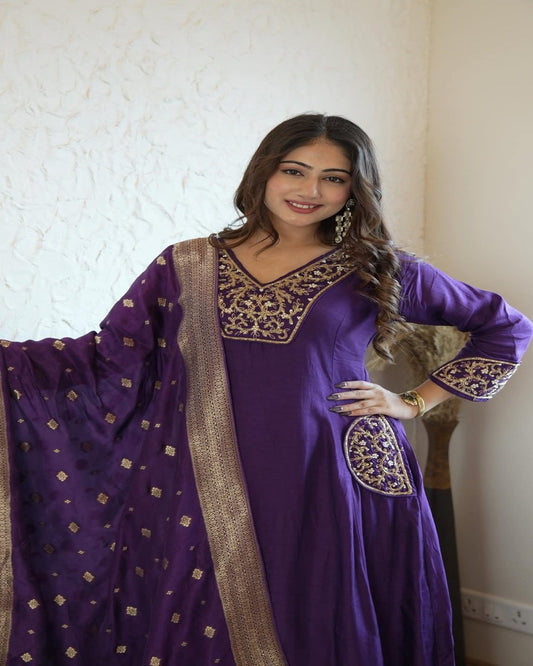 Floral embroidered blue v_neck Kurta set With trouser and dupatta