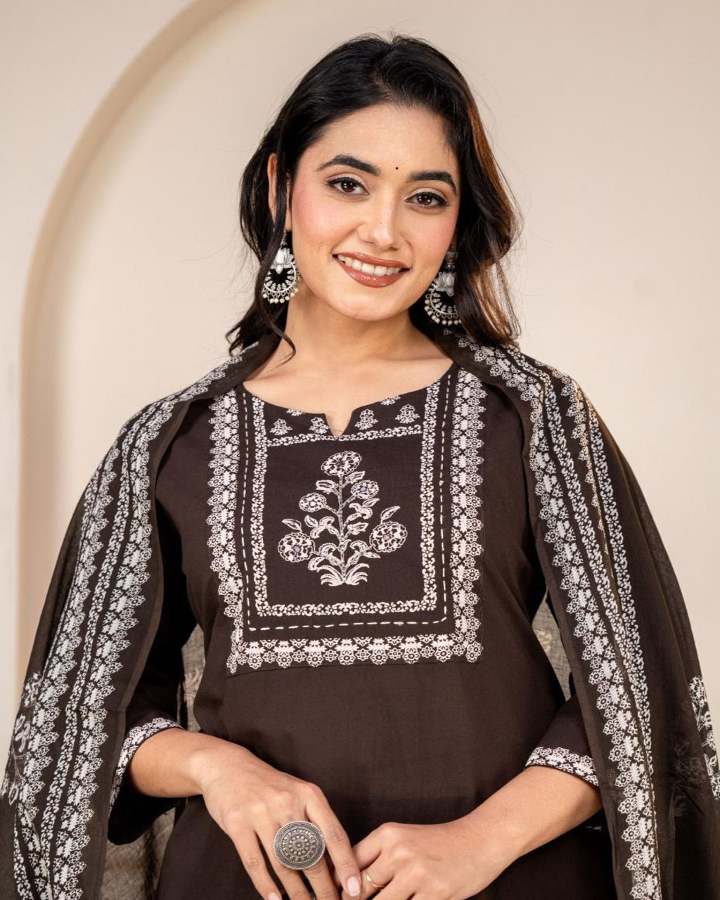 Floral embroidered black round_neck Kurta set With trouser and dupatta