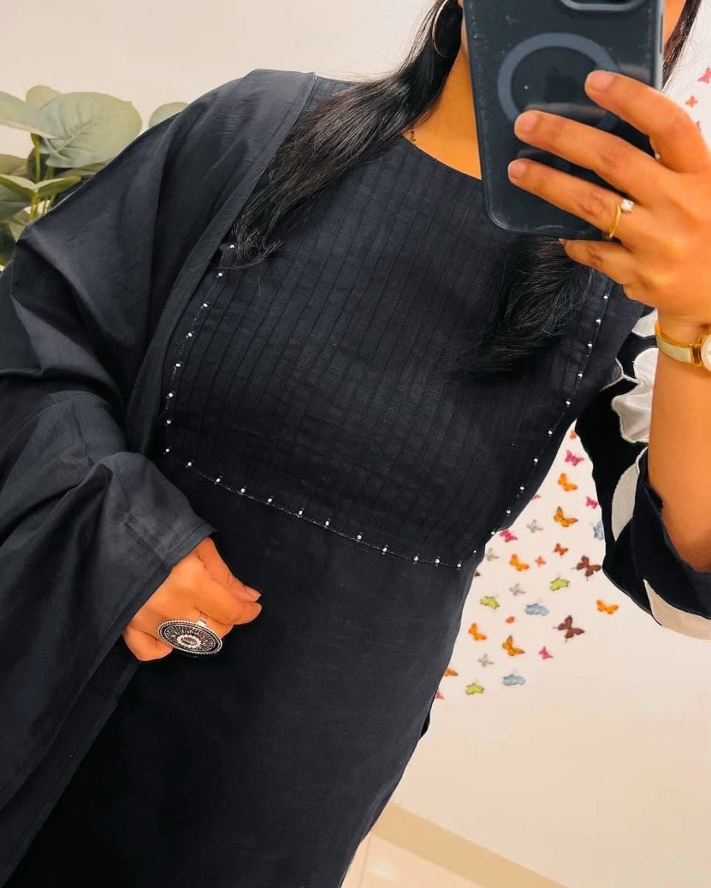 Floral embroidered black round_neck Kurta set With trouser and dupatta