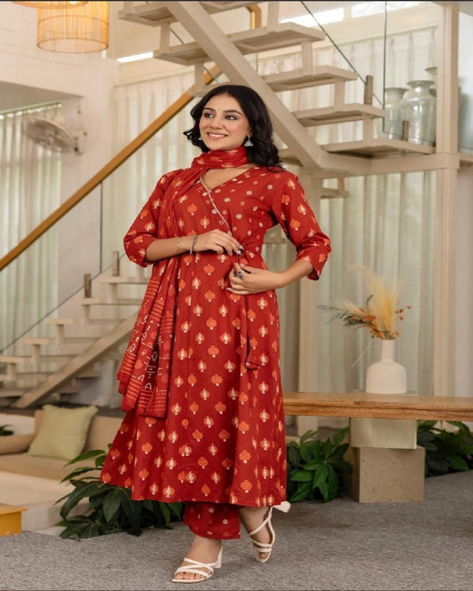 Floral Printed Rust Red Pure Cotton Kurta Set with Trouser & Dupatta