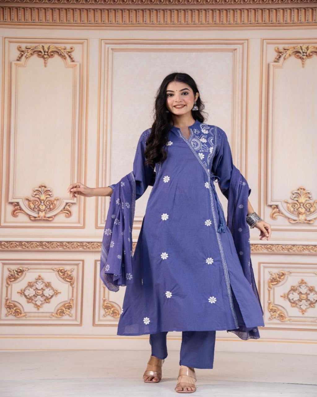 Floral embroidered blue round_neck Kurta set With trouser and dupatta