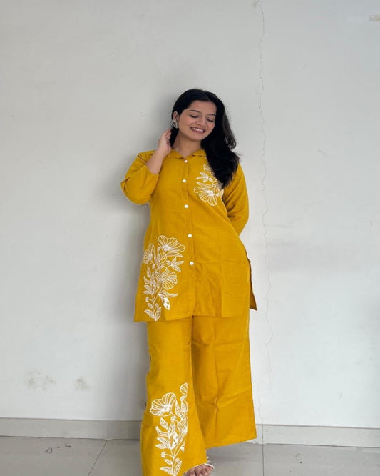 Floral printed yellow round_neck Pure Cotton Co-Ord Set