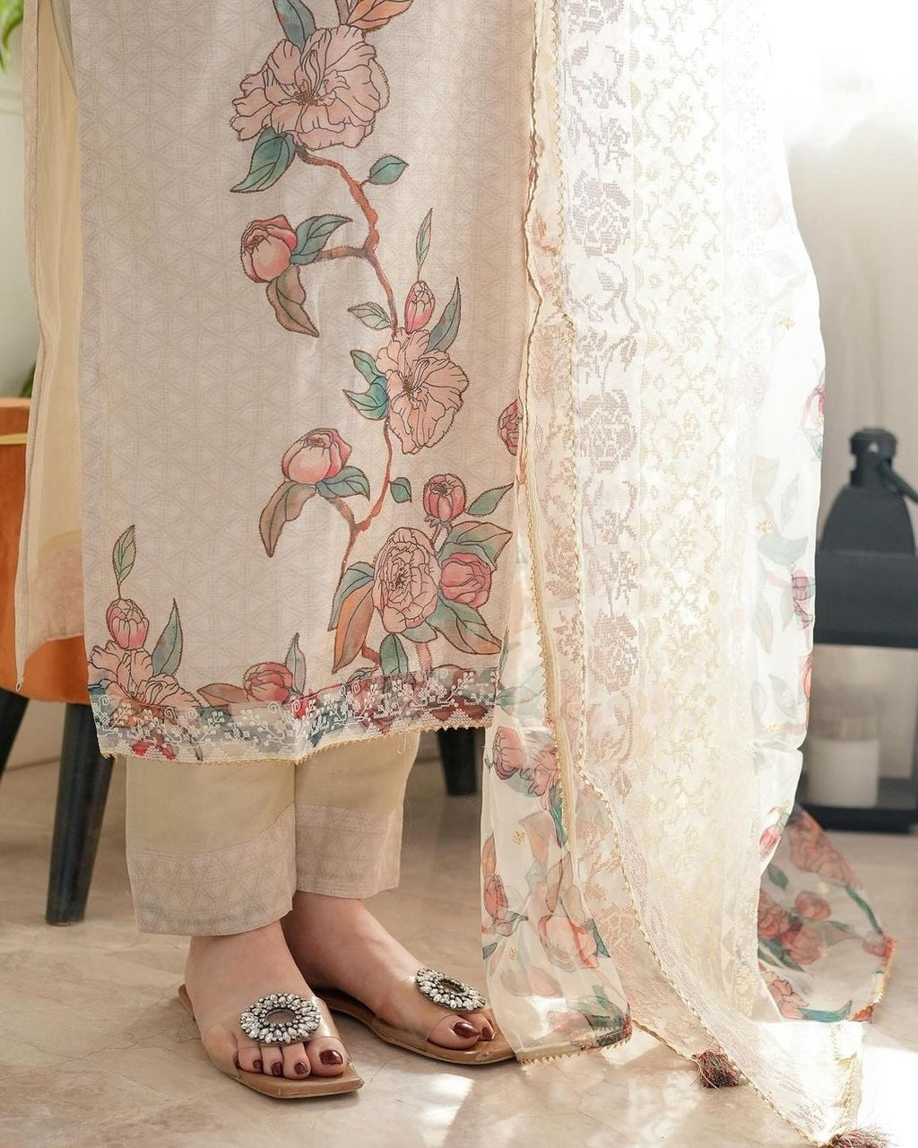Floral embroidered beige round_neck Kurta set With trouser and dupatta
