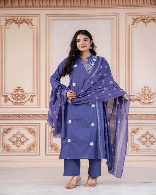 Floral embroidered blue round_neck Kurta set With trouser and dupatta