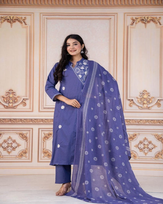 Floral embroidered blue round_neck Kurta set With trouser and dupatta