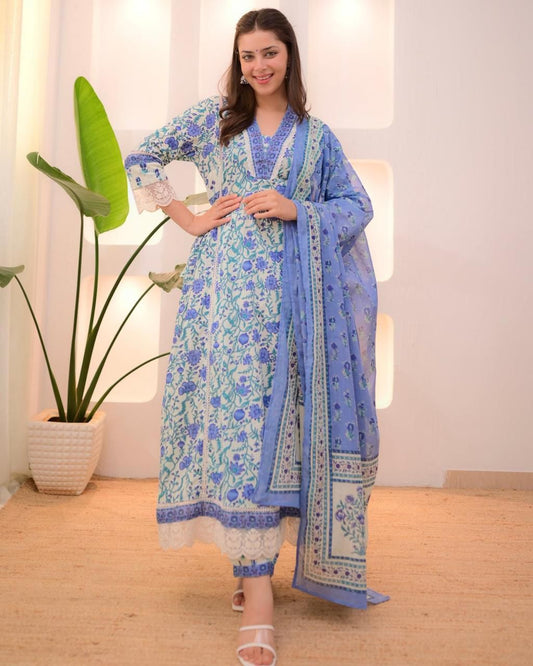 Floral embroidered blue V-Neck Pure Cotton Kurta Set With Trouser & Dupatta