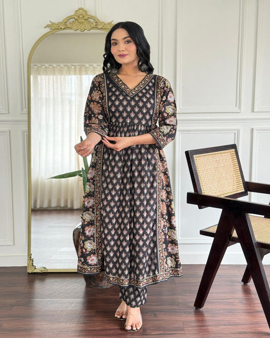 Floral embroidered black V-Neck Pure Cotton Kurta Set With Trouser & Dupatta