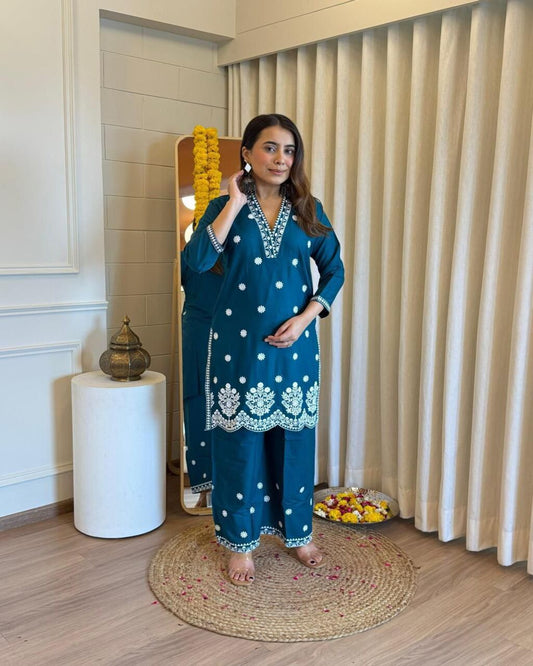 Floral embroidered blue V-Neck Pure Cotton Kurta Set With Trouser