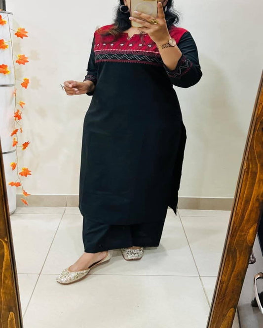 Floral embroidered black round_neck cotton Kurta set With Trouser