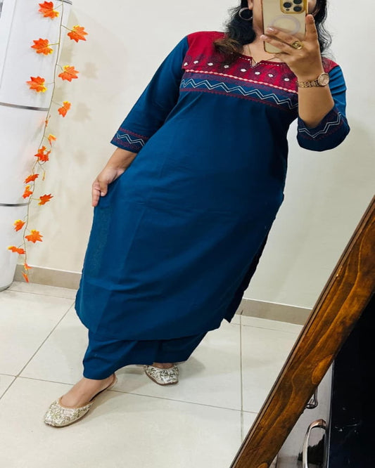 Floral embroidered blue round_neck cotton Kurta set With Trouser