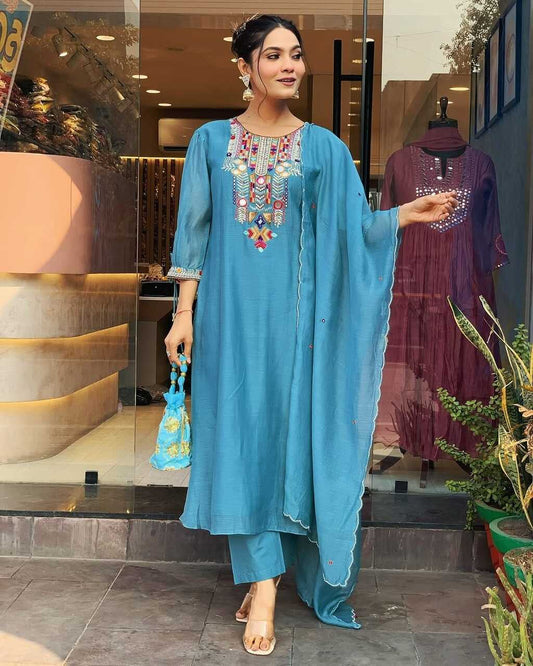 Floral embroidered blue round_neck chanderi Kurta set With Trouser & Dupatta