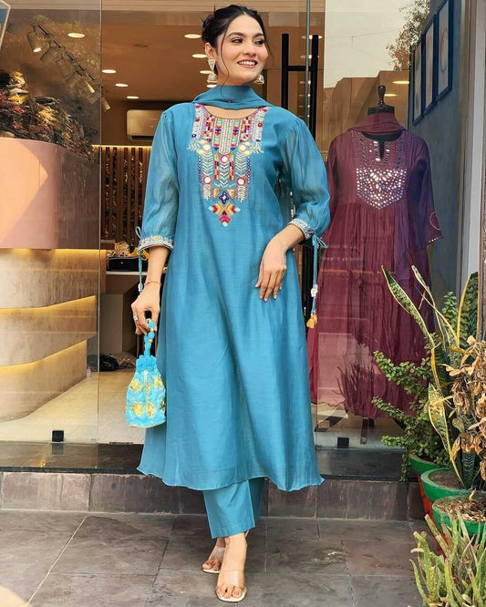 Floral embroidered blue round_neck chanderi Kurta set With Trouser & Dupatta