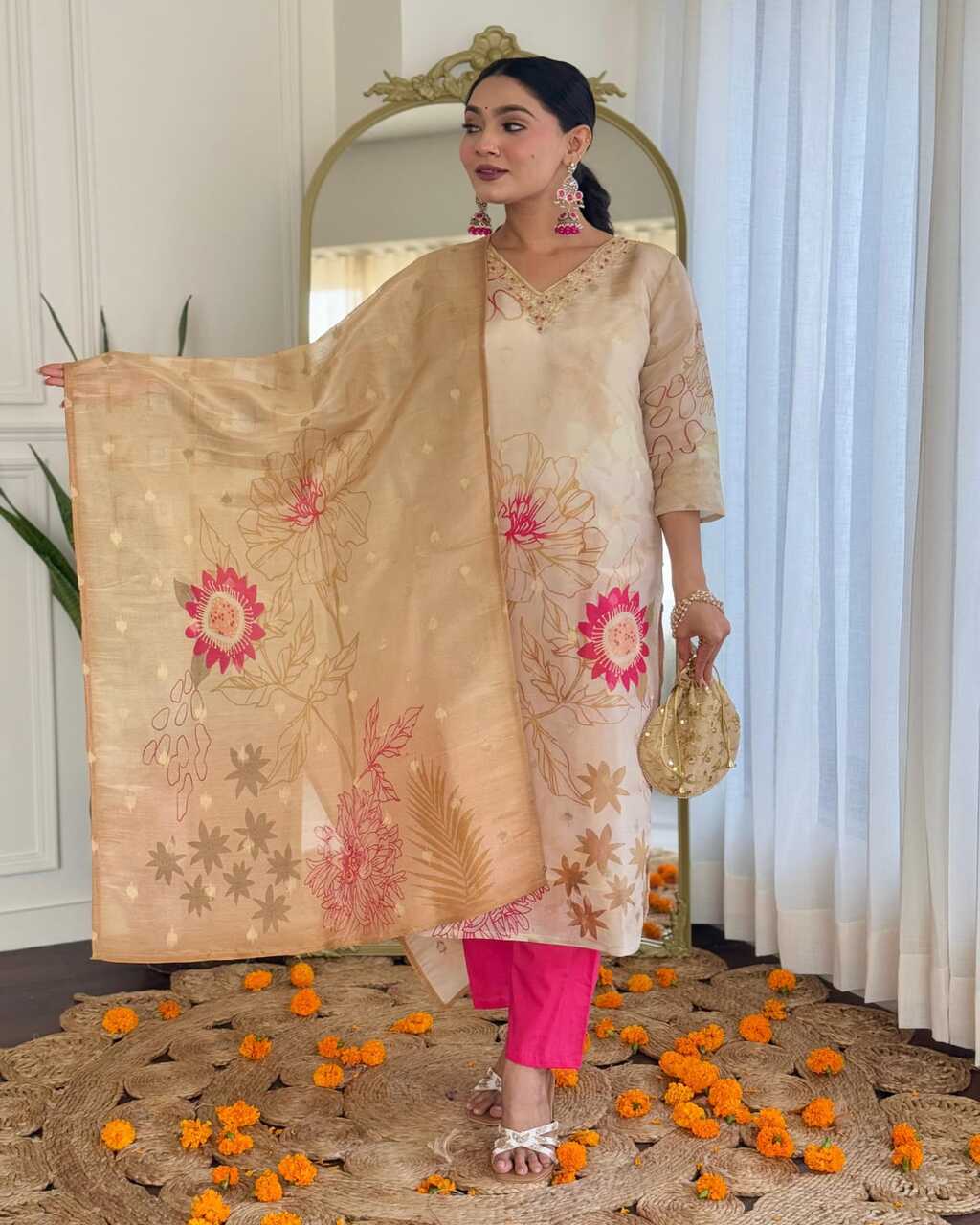 Floral embroidered beige v_neck chinon Kurta set With Trouser & Dupatta