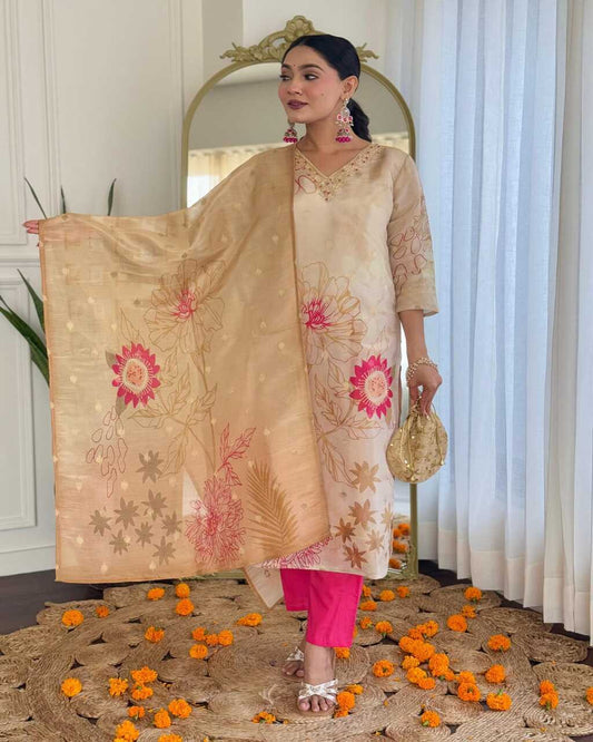 Floral embroidered beige v_neck chinon Kurta set With Trouser & Dupatta