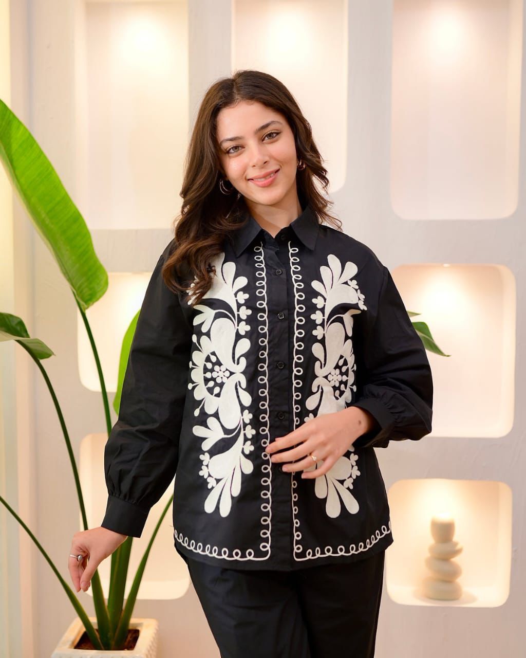 Floral embroidered Black round_neck cotton Co-Ord Set