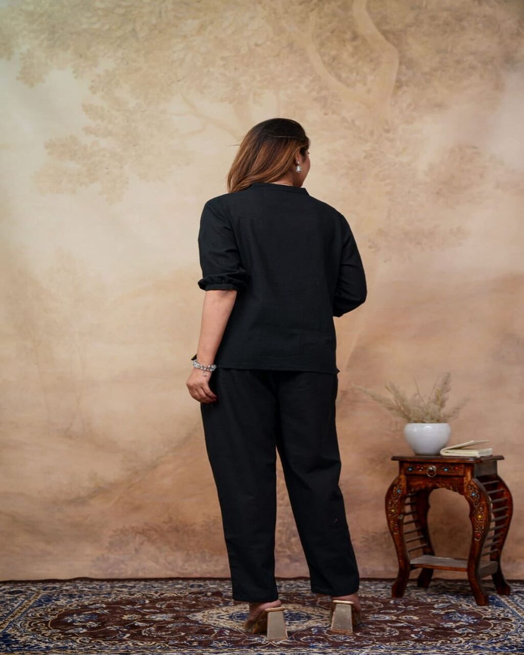 Floral embroidered black round_neck cotton Co-Ord Set