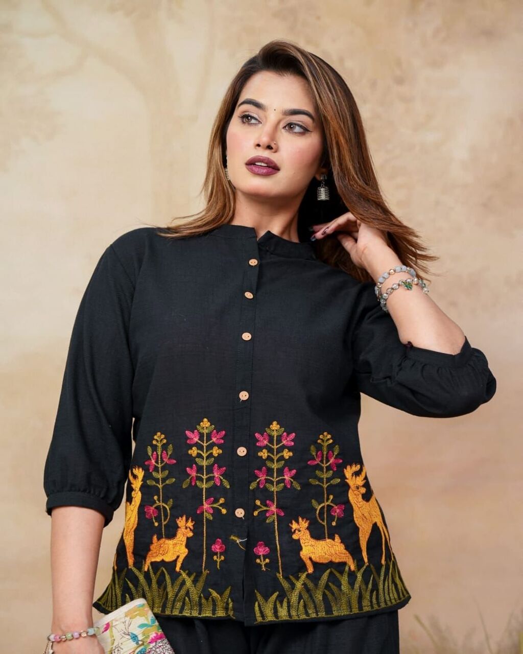 Floral embroidered black round_neck cotton Co-Ord Set