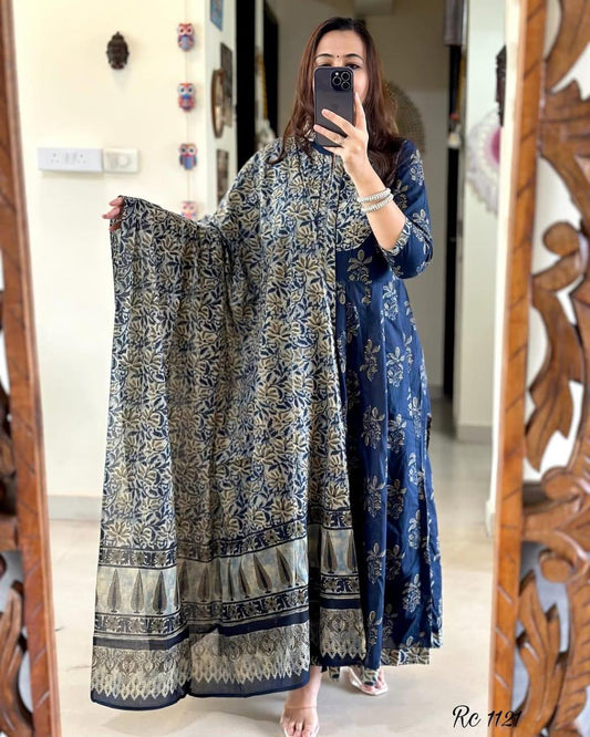 Floral embroidered blue round_neck cotton Kurta With Trouser & Dupatta Set