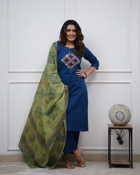 Floral embroidered blue round-Neck Kurta set With Trouser & Dupatta
