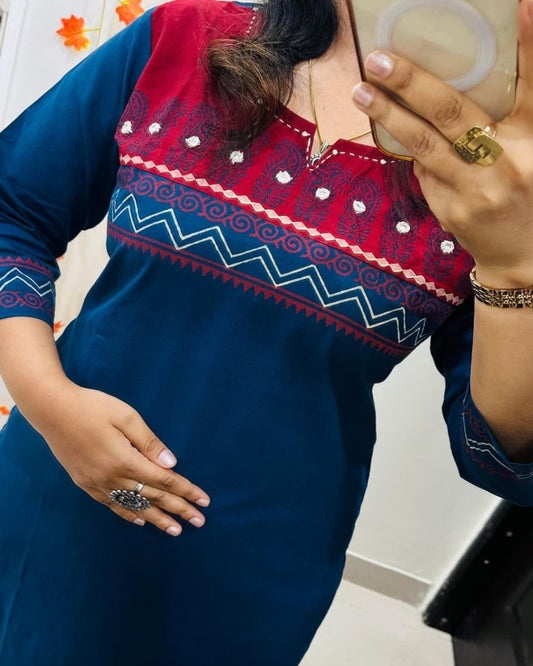 Floral embroidered blue round_neck cotton Kurta set With Trouser